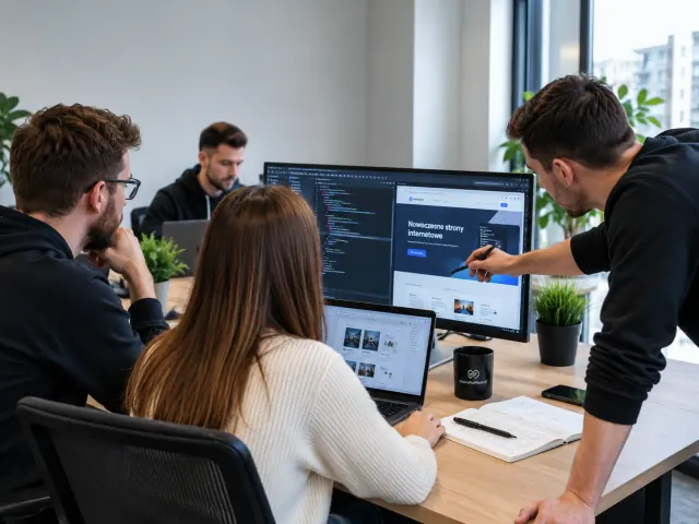 Zespół Strona Na Miarę omawia projekt strony internetowej przy monitorze z kodem