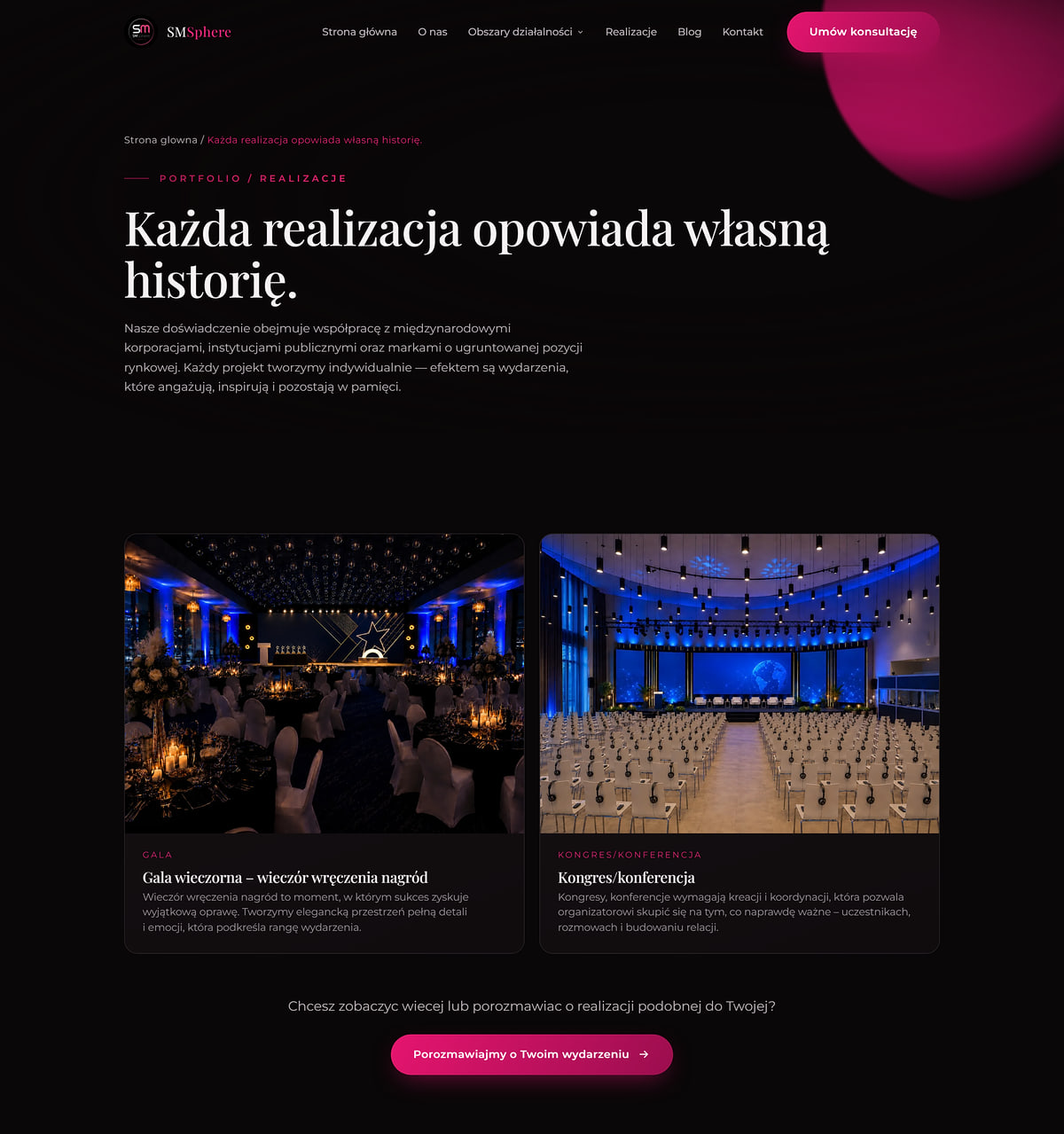 Portfolio realizacji SMSphere z kafelkami gali wieczornej i kongresu